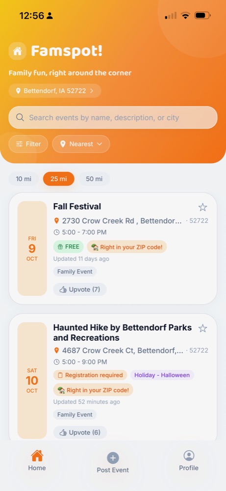 Famspot home screen showing a feed of nearby family events