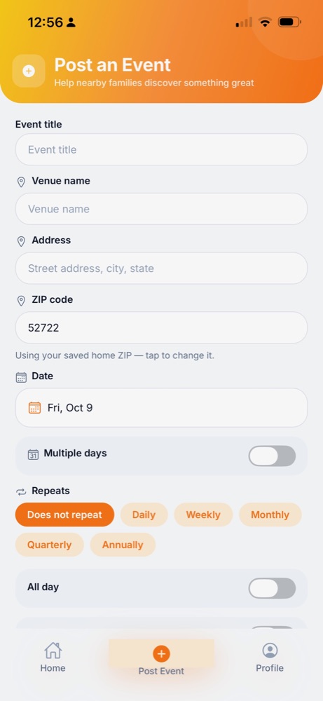 Post an event form